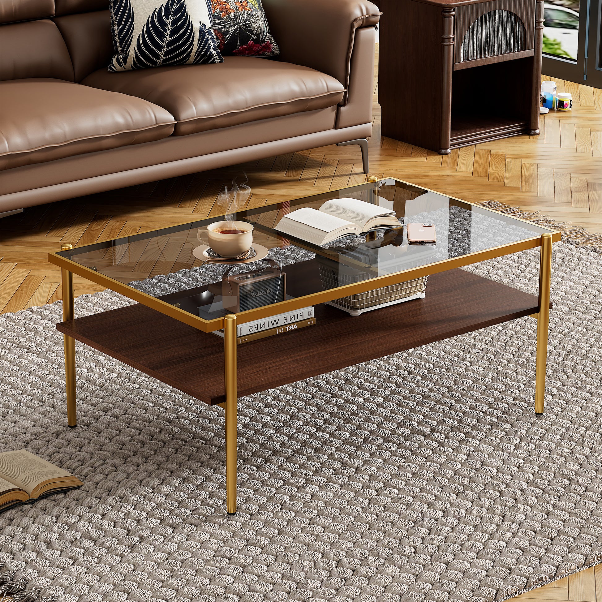 Rectangle Coffee Table with Gray Tempered Glass top and Golden Legs, Modern Table for Living Room image 1