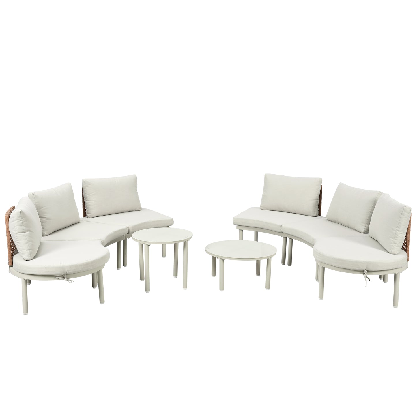 TOPMAX 8-Piece Patio Sofa Furniture Set, Half Moon Outdoor Sectional Sofa with 2 High-Low Coffee Tables, PE Wicker Rattan, Tempered Glass, 6 Pillows & Cushions, for Backyard, Garden, Poolside,Beige image 12