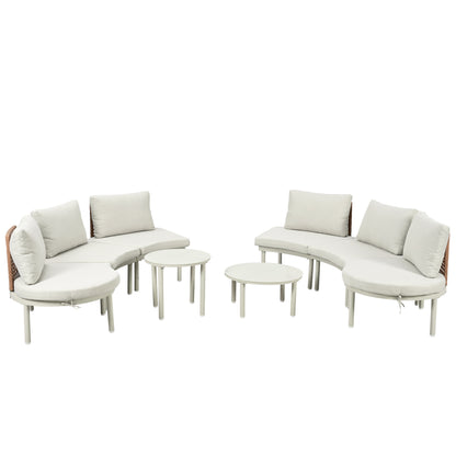 TOPMAX 8-Piece Patio Sofa Furniture Set, Half Moon Outdoor Sectional Sofa with 2 High-Low Coffee Tables, PE Wicker Rattan, Tempered Glass, 6 Pillows & Cushions, for Backyard, Garden, Poolside,Beige image 12