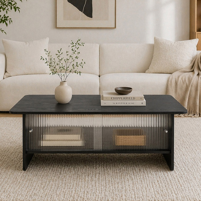 47" Coffee Table With Storage, Rectangular Modern Minimalist Center Table, Fluted Glass Sliding Doors For Living Room Bedroom Guest Room, Black. image 1