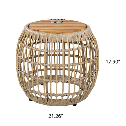 Acacia Wood Outdoor Side Table with Wicker Base - Light Brown, Round 16.15" Outdoor Accent for Patio, Garden, Balcony & Indoor Use image 2
