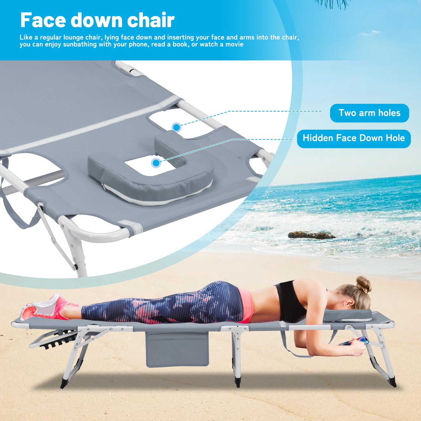 3-in-1 Heavy Duty Tanning Chair with Face Hole Adjustable 5-Position Folding Chaise Lounge Chairs for Outside Portable Lay Flat Beach Lounge Chair for Outdoor Sunbathing Patio Pool Lawn Camping Deck P image 2
