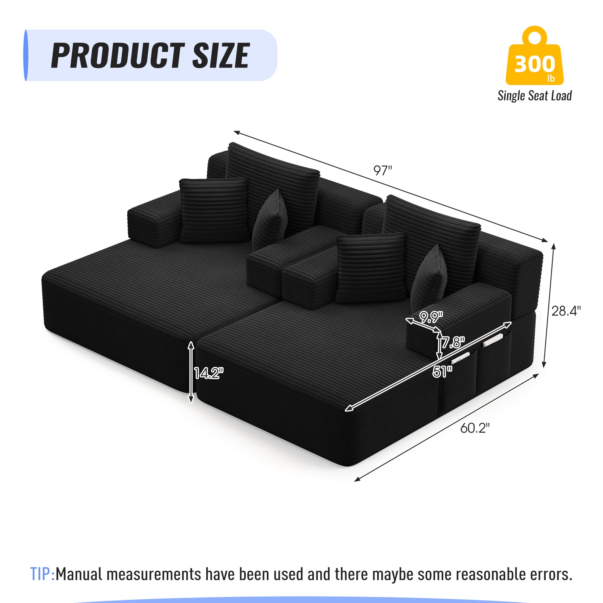 Oversized Double Chaise Lounge 2-Piece Set, Luxurious Plush Corduroy Convertible Sofa Bed with 6 Pillows and Storage Pocket, for Small Spaces,Home Theater, Living Room, Black image 3