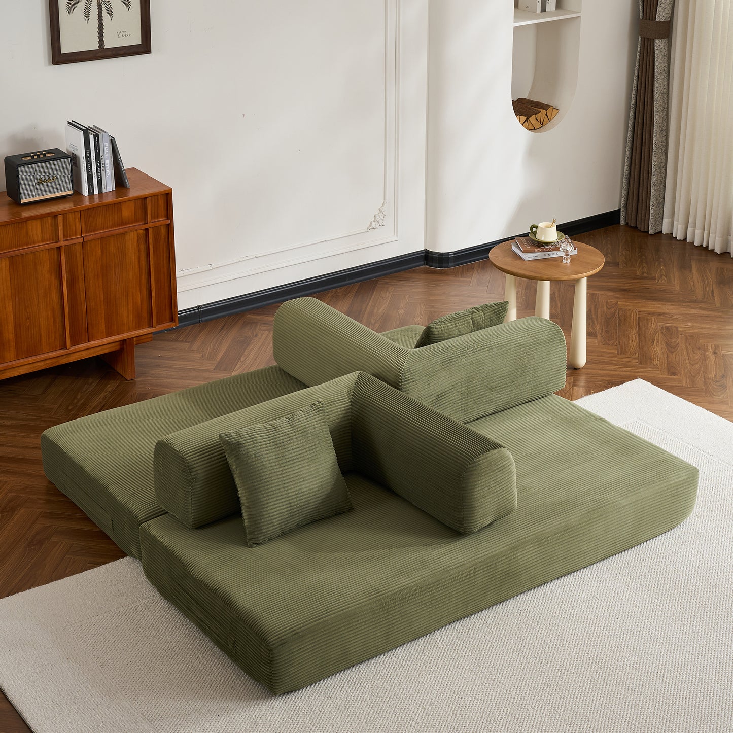 Convertible Sleeper Sofa Bed with Cylindrical Pillow, Corduroy Folding Mattress Couch with Fixed-Shape Frame, Floor Sofa Lounge Couch for Living Room Bedroom (Green) image 12