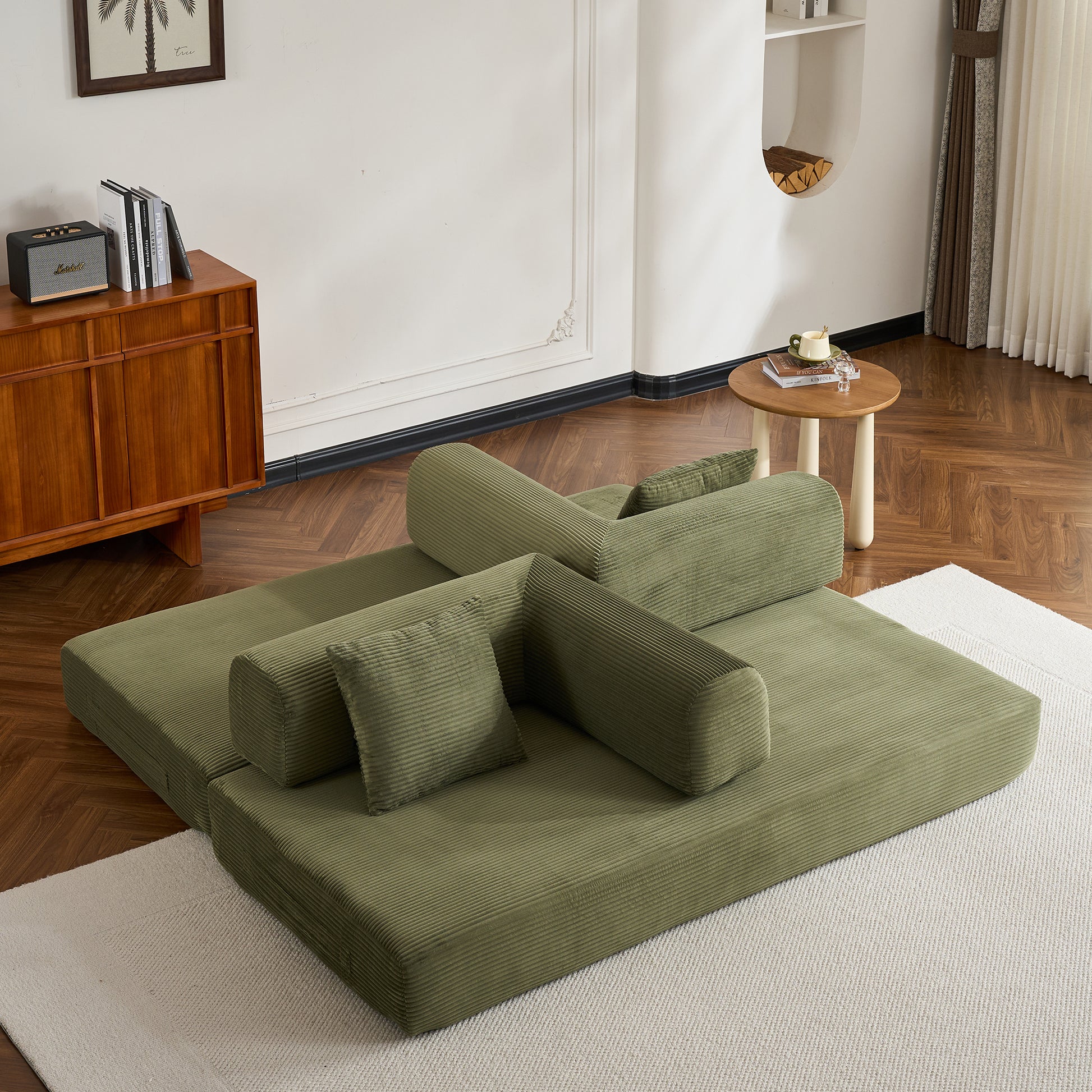 Convertible Sleeper Sofa Bed with Cylindrical Pillow, Corduroy Folding Mattress Couch with Fixed-Shape Frame, Floor Sofa Lounge Couch for Living Room Bedroom (Green) image 12