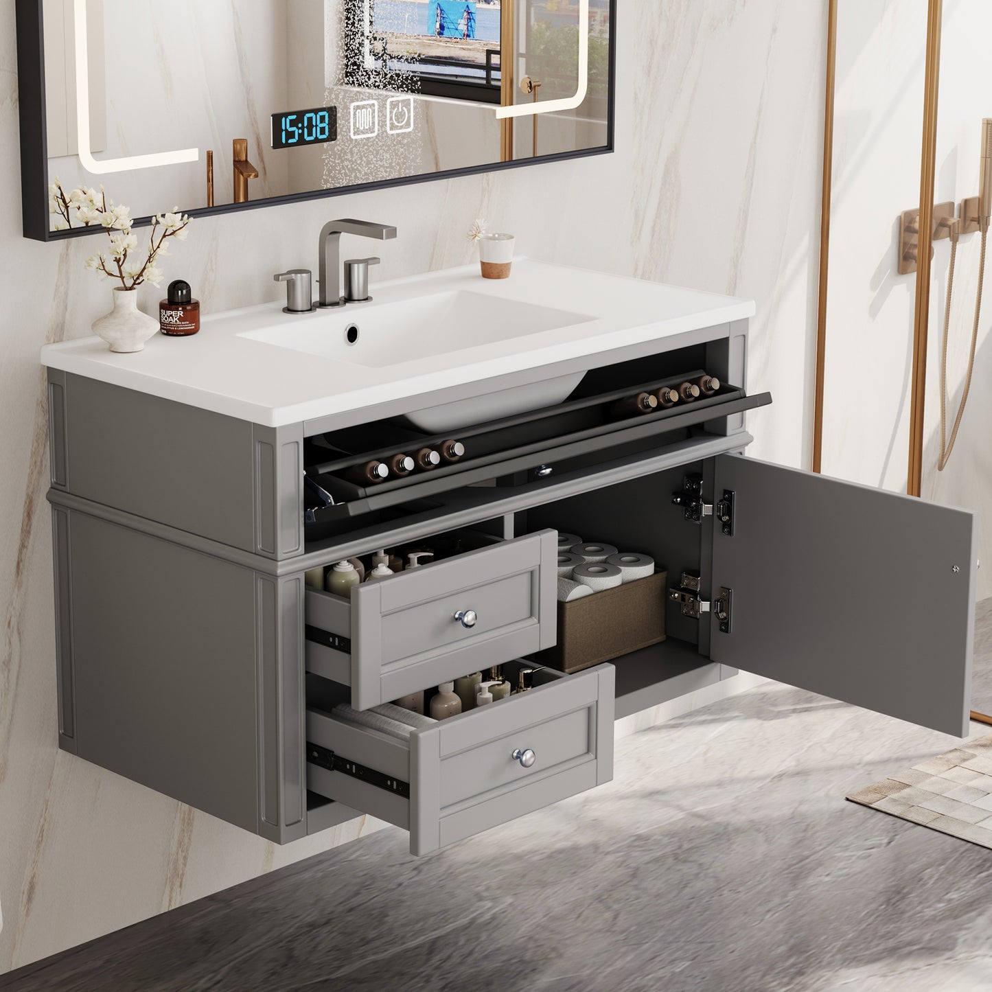 36'' Wall Mounted Bathroom Vanity, Floating Bathroom Storage Cabinet with 2 Drawers, 1 Tip-out Drawer, 3 Holes Single Ceramic Sink, Modern Cabinet. image 2