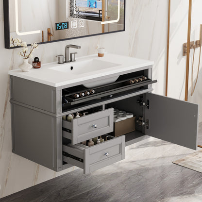 36'' Wall Mounted Bathroom Vanity, Floating Bathroom Storage Cabinet with 2 Drawers, 1 Tip-out Drawer, 3 Holes Single Ceramic Sink, Modern Cabinet. image 2