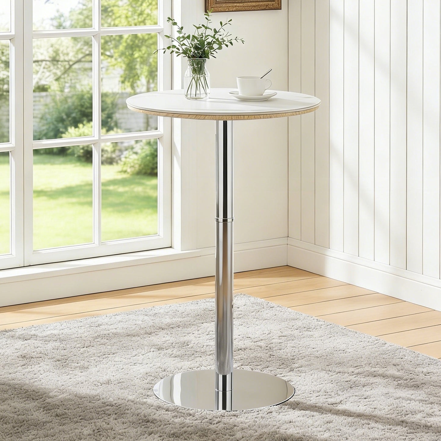 Rock slab circular tabletop non adjustable (39 inches high) bar table, bar table with silver legs and base (white) image 1