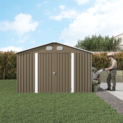 10x12 FT Outdoor Metal Storage Shed, Large Storage Sheds with Sturdy Frame Structure, Metal Garden Tool Shed with Lockable Door for Garden,Gift a foldable flower pot stand, Backyard,BROWN image 12