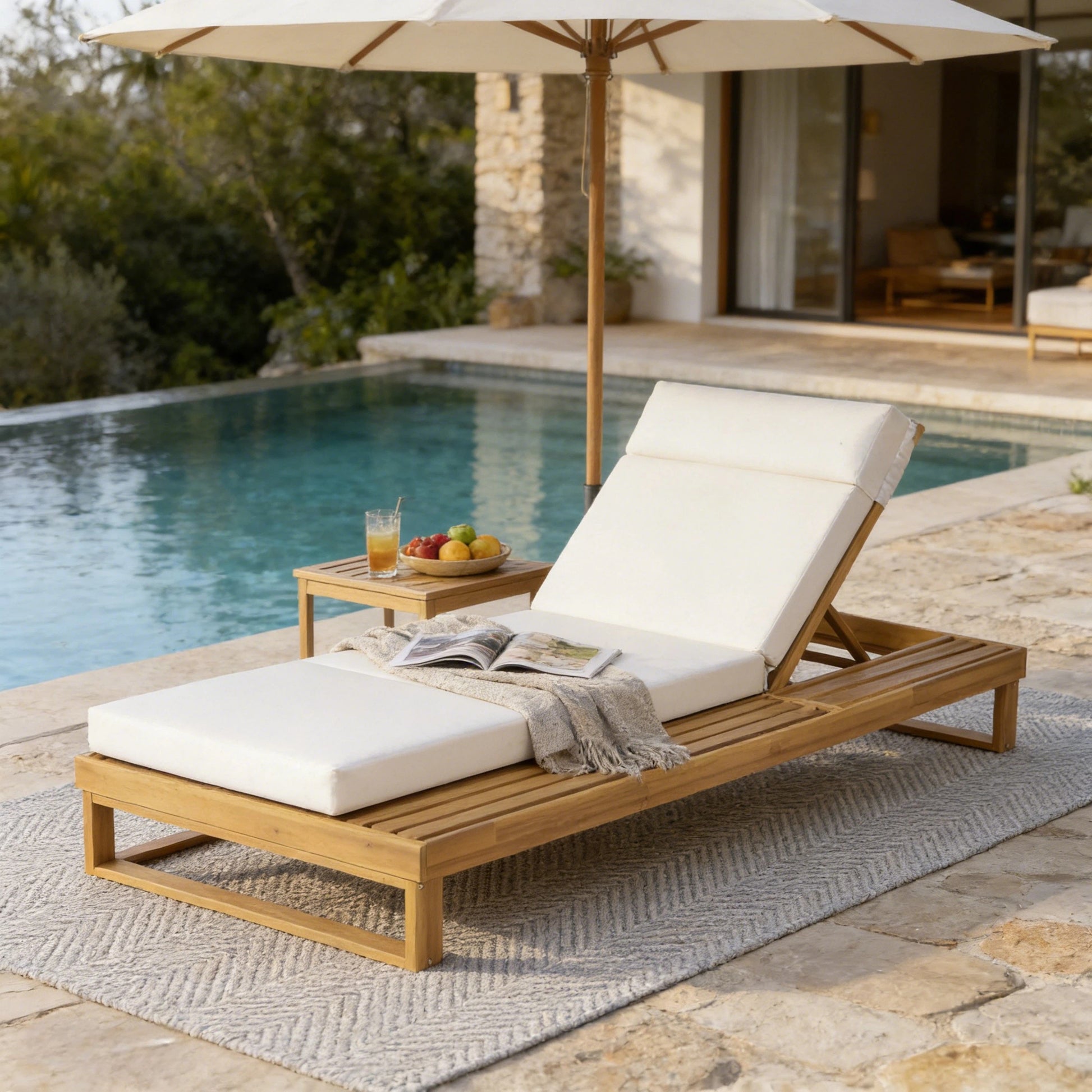Teak Finish Acacia Wood Chaise Lounge with 4-Inch Beige 4-Fold Cushion Set, Adjustable Outdoor Patio Lounger with Flat Side Surface, for Poolside- Matching cream,dark gray version available image 1