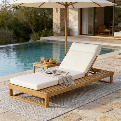 Teak Finish Acacia Wood Chaise Lounge with 4-Inch Beige 4-Fold Cushion Set, Adjustable Outdoor Patio Lounger with Flat Side Surface, for Poolside- Matching cream,dark gray version available image 1