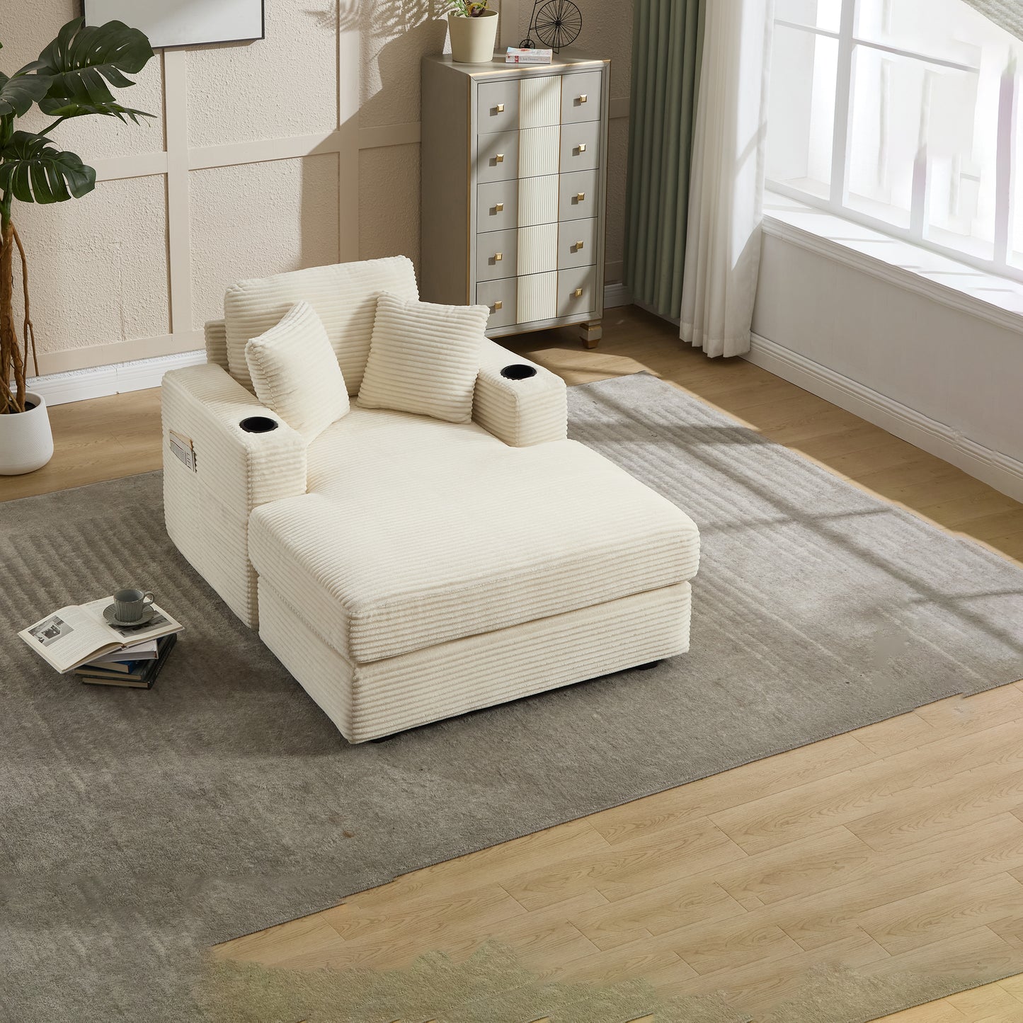 [New]Corduroy Upholstered Chaise Lounge Sofa,Magazine bag,Detachable Cushions Deep Seat for Living Room Office,3 colour image 3