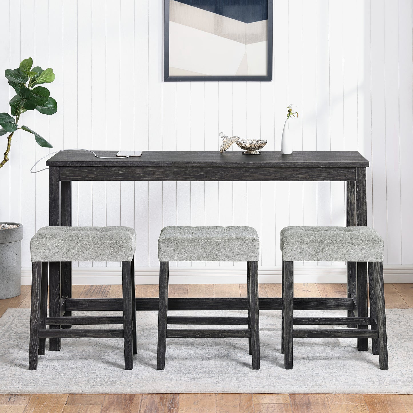 Bar Table Set with Power Outlet, Bar Table and Chairs Set, 4 Piece Dining Table Set, Industrial Breakfast Table Set, for Living Room, Dining Room, Game Room image 3