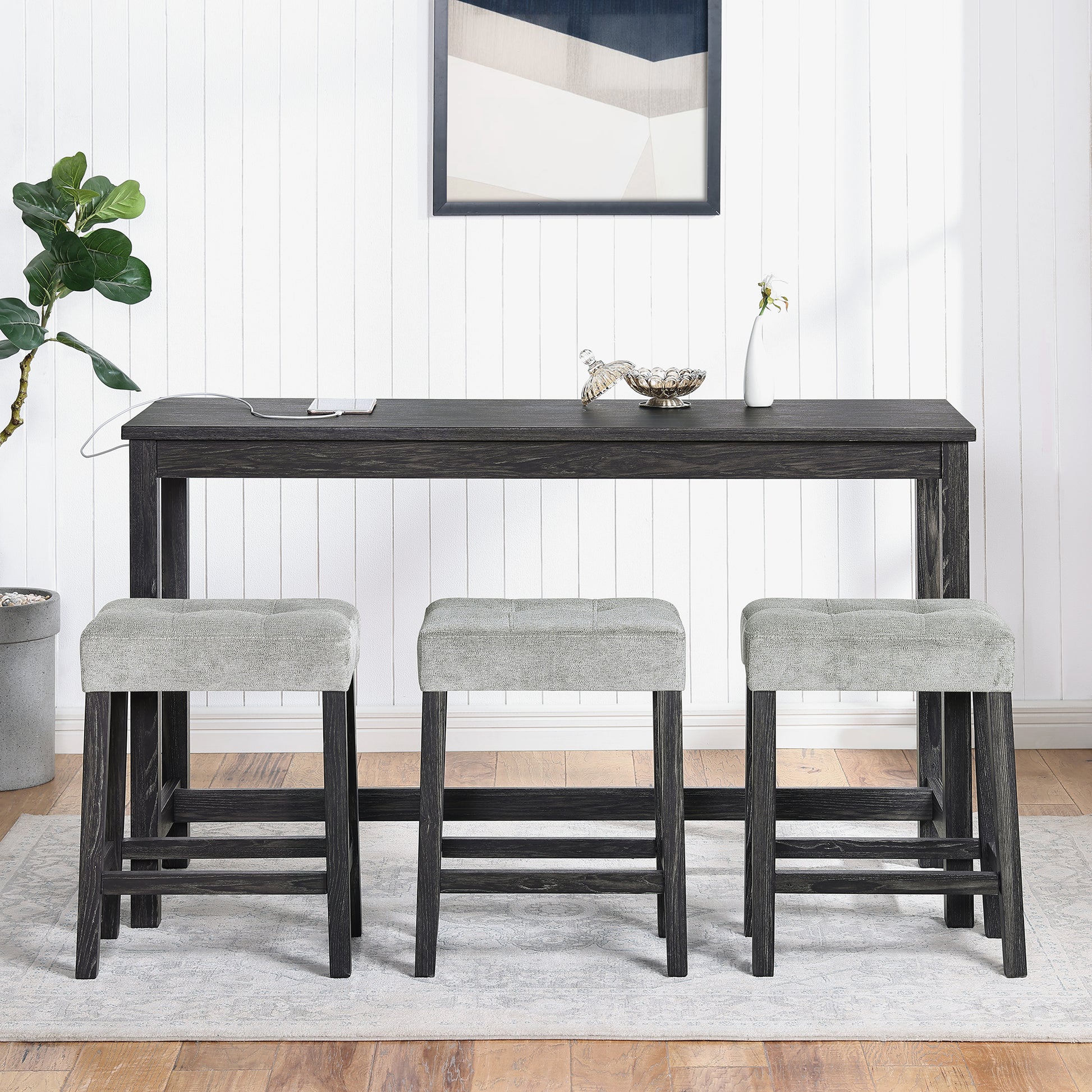 Bar Table Set with Power Outlet, Bar Table and Chairs Set, 4 Piece Dining Table Set, Industrial Breakfast Table Set, for Living Room, Dining Room, Game Room image 3