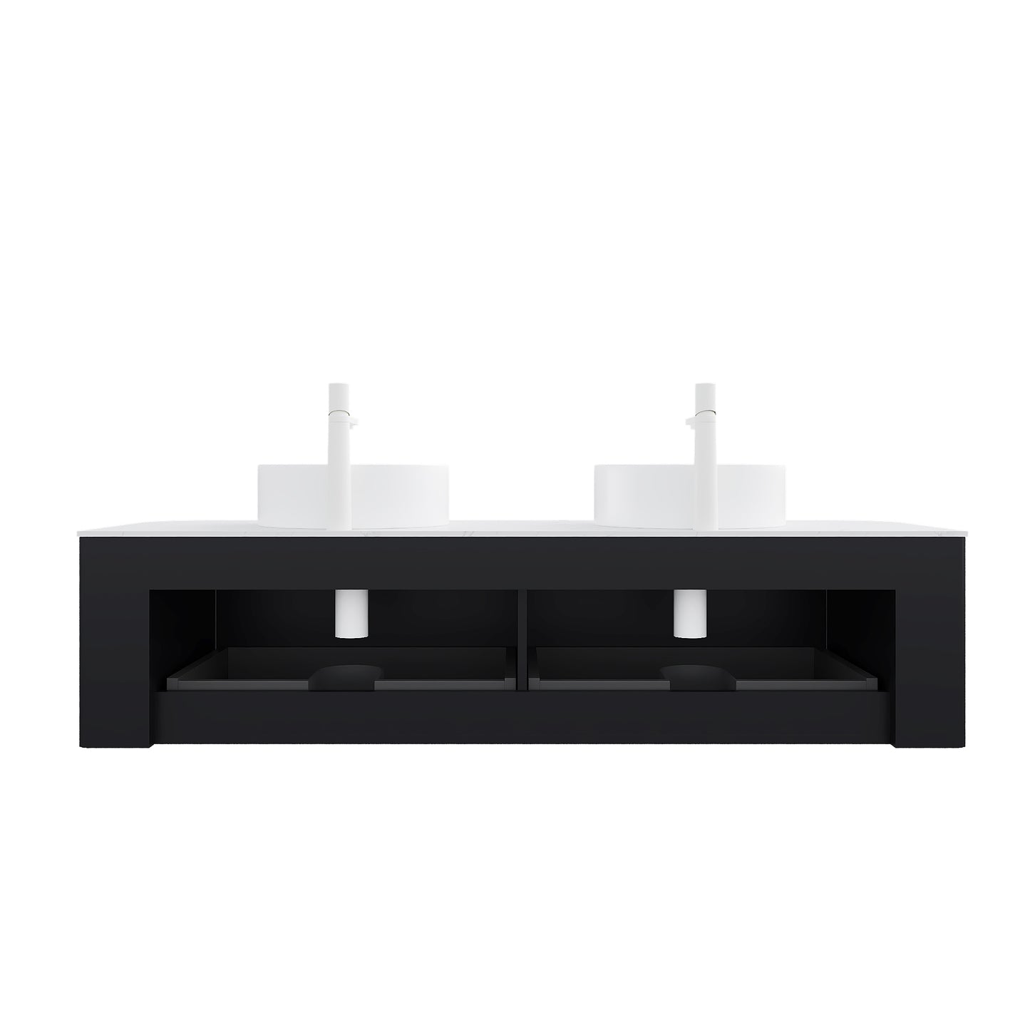 DINA 60" Bathroom Vanity&Sinks, Floating Curved Edges Striped Bathroom Storage Cabinet with 2 Drawers, 2 White Round Ceramic Basins&Carrara White Sintered Stone Countertop, Pre-assembled, Black Color image 4