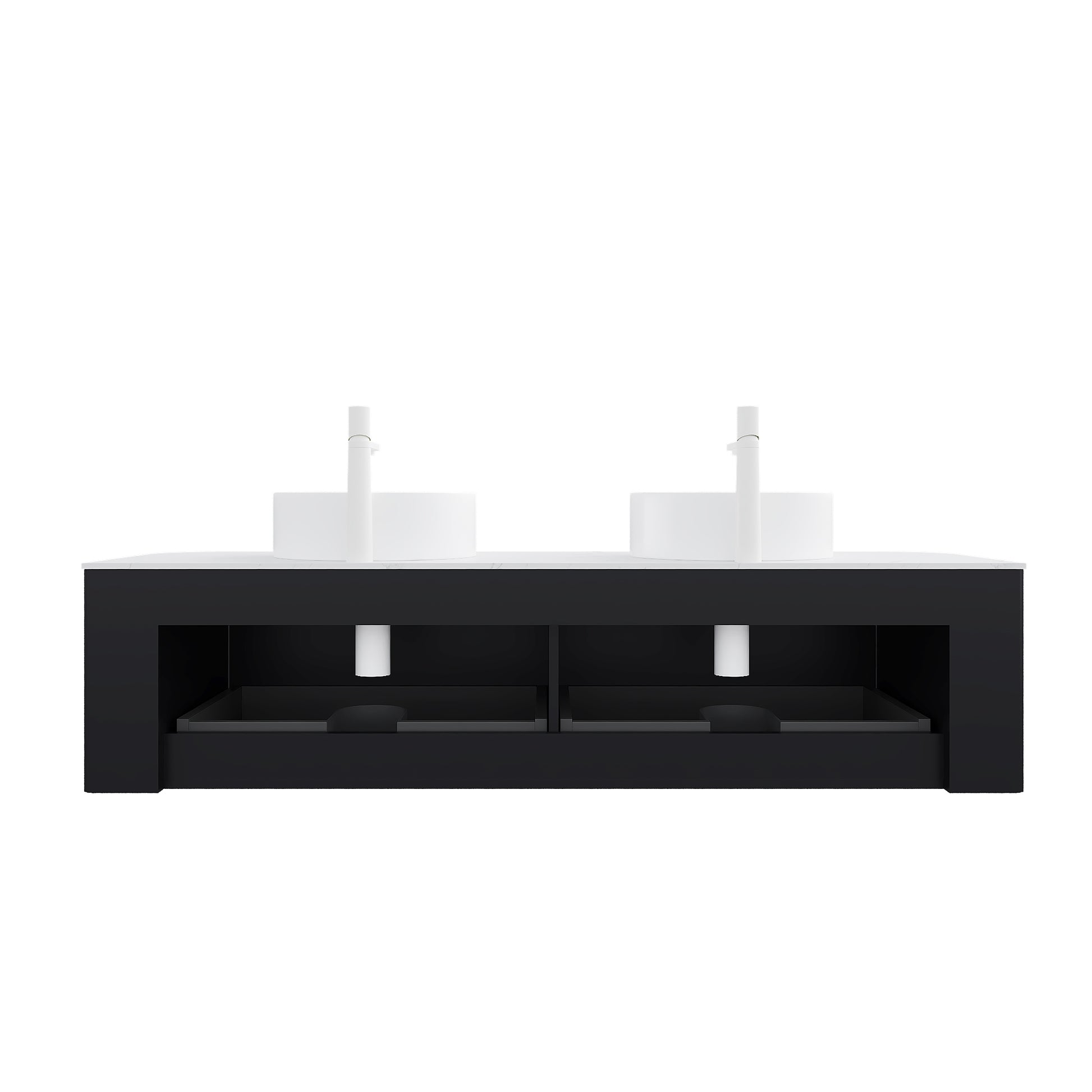 DINA 60" Bathroom Vanity&Sinks, Floating Curved Edges Striped Bathroom Storage Cabinet with 2 Drawers, 2 White Round Ceramic Basins&Carrara White Sintered Stone Countertop, Pre-assembled, Black Color image 4