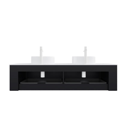 DINA 60" Bathroom Vanity&Sinks, Floating Curved Edges Striped Bathroom Storage Cabinet with 2 Drawers, 2 White Round Ceramic Basins&Carrara White Sintered Stone Countertop, Pre-assembled, Black Color image 4