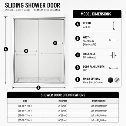 56-60" W x 72" H Framed Double Sliding Shower Door, 1/4" (6mm) Clear Tempered Glass with Safety Film and Nano Coating, Waterproof Seals, Chrome image 3