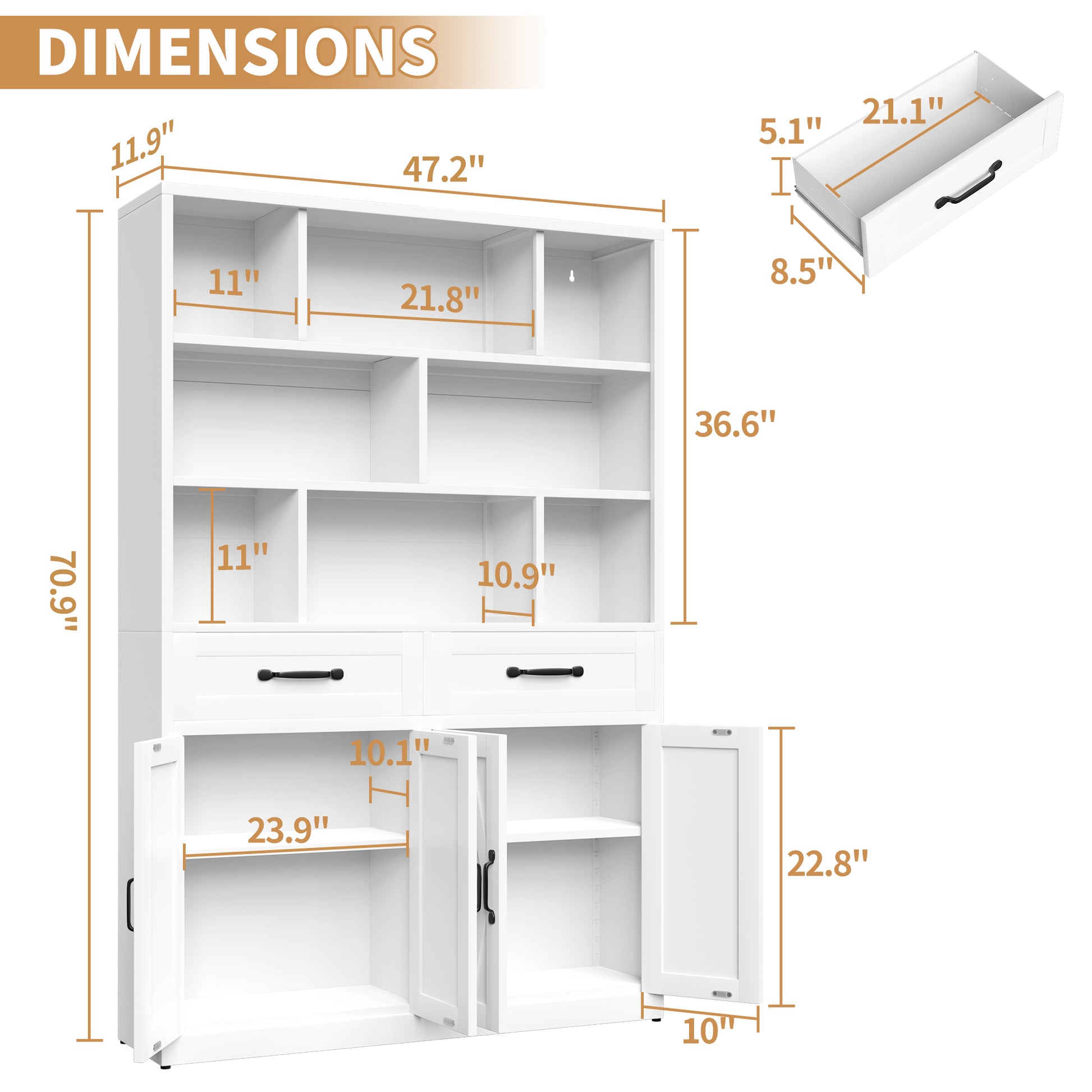 71" H Metal Bookcase with 2 Doors & 2 Drawers, Tall Storage Cabinet with Fixed Open Shelves for Home Office, Living Room, Modern Bookshelf, White image 2