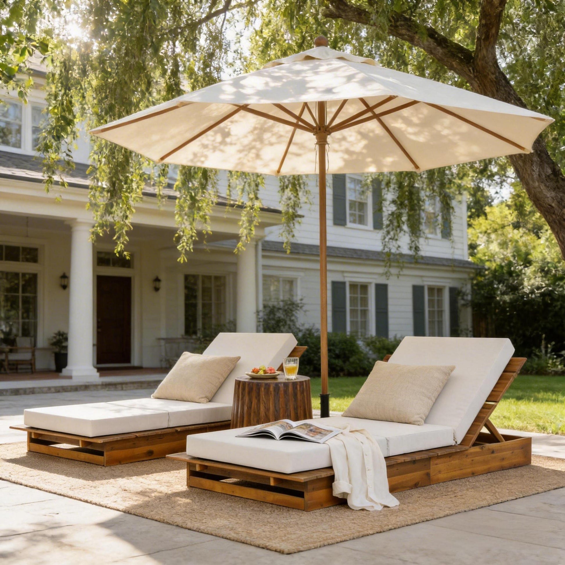 Acacia Wood Chaise Lounge with 4" Thick 3-Fold Cream Movable Cushion – Wide Teak Finish Patio Lounger, 3-Position Recliner, 400 lbs Capacity image 4