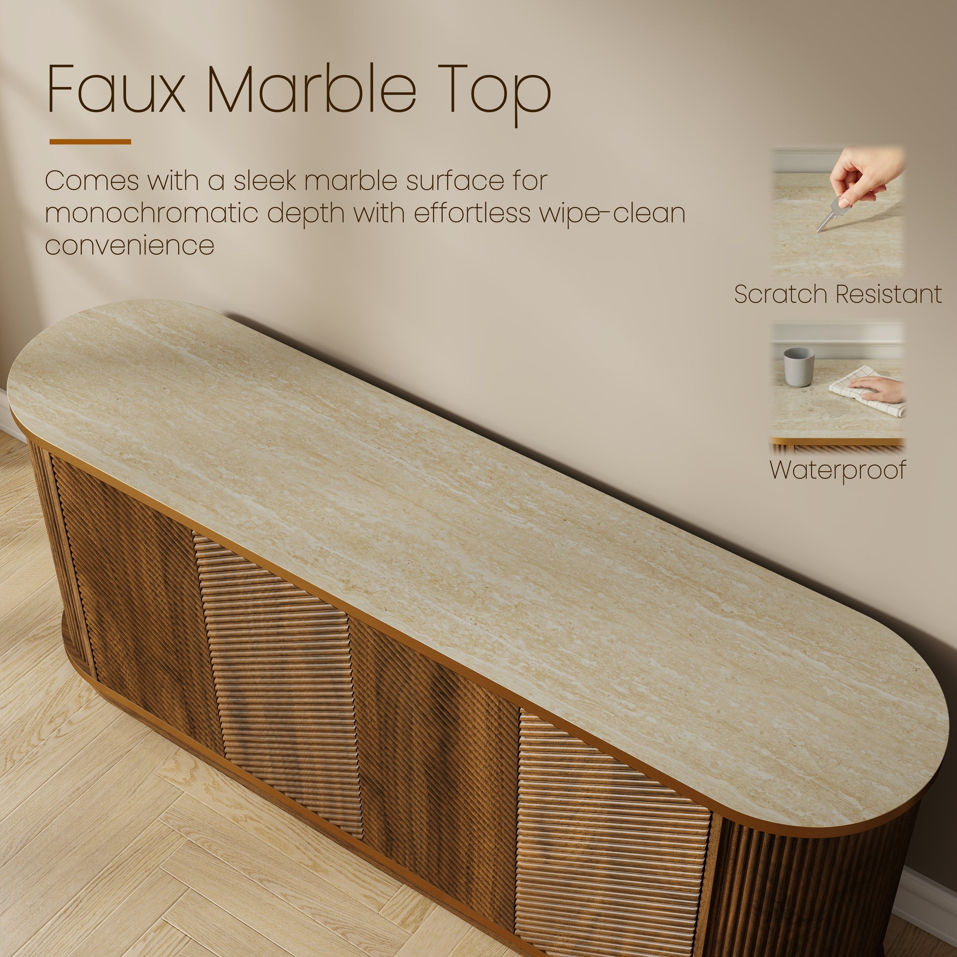 63" Diagonal Fluted Sideboard Cabinet with Storage, 4-Door Walnut Buffet Credenza TV Stand with Gold Trim, Cream Faux Marble-Top Console Table, Modern Cabinet for Dining Room, Living Room, Walnut image 10