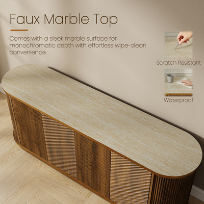 63" Diagonal Fluted Sideboard Cabinet with Storage, 4-Door Walnut Buffet Credenza TV Stand with Gold Trim, Cream Faux Marble-Top Console Table, Modern Cabinet for Dining Room, Living Room, Walnut image 10