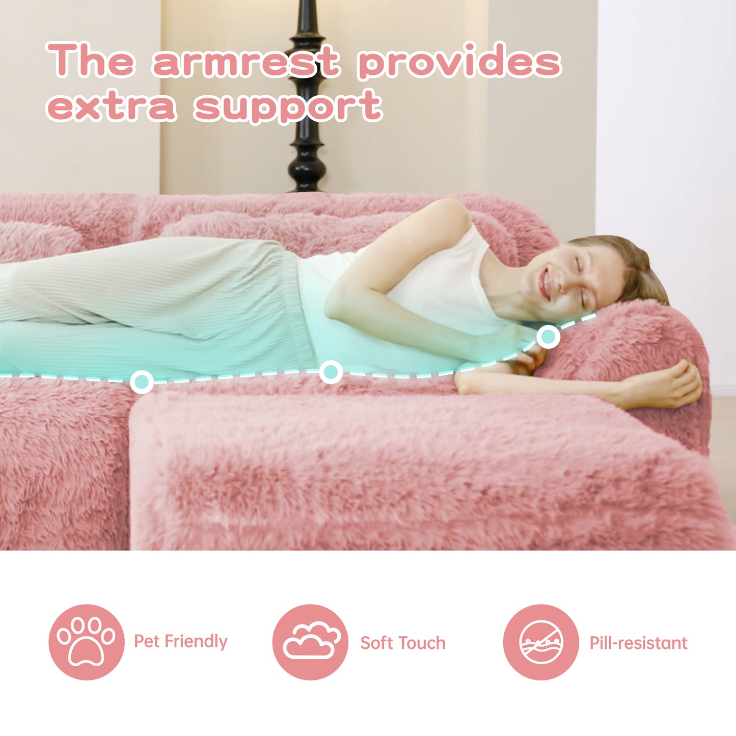 L-shaped Boneless Sofa,Soft Fluffy Plush Fabric,With Chaise 32D High Density Sponge,No Assembly Required,Ergonomic Design Bottom Anti-Slip Design,With Throw Pillows,Fits Bedrooms,Pink image 8