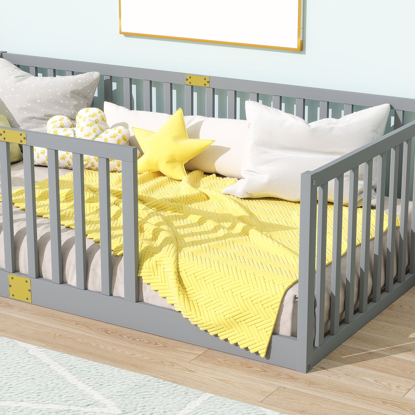 Twin Size Floor Bed with High Fence Railings, 6 Slats Included, Rubber Wood Floor Bed with Safety Guardrails, without Door,Grey image 3