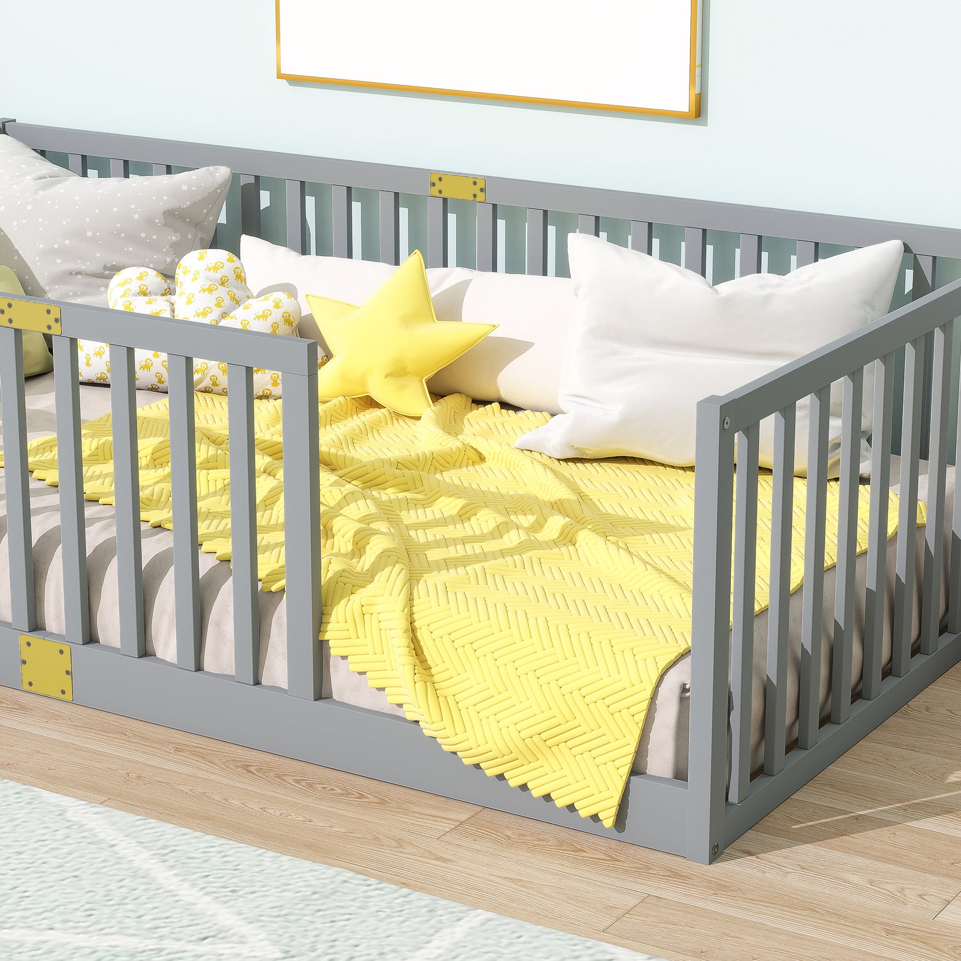 Twin Size Floor Bed with High Fence Railings, 6 Slats Included, Rubber Wood Floor Bed with Safety Guardrails, without Door,Grey image 3