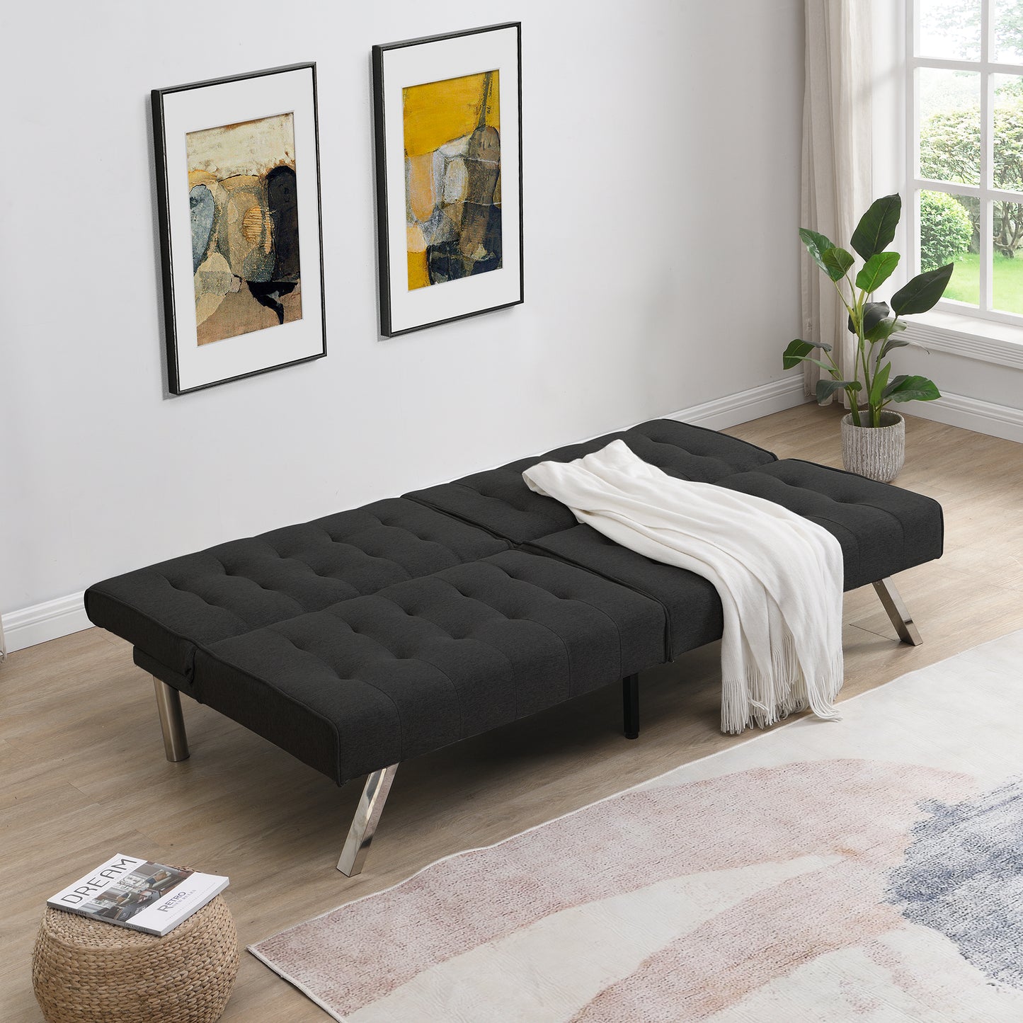 WOOD FRAME, STAINLESS LEG, FUTON, SOFA BED BLACK image 2