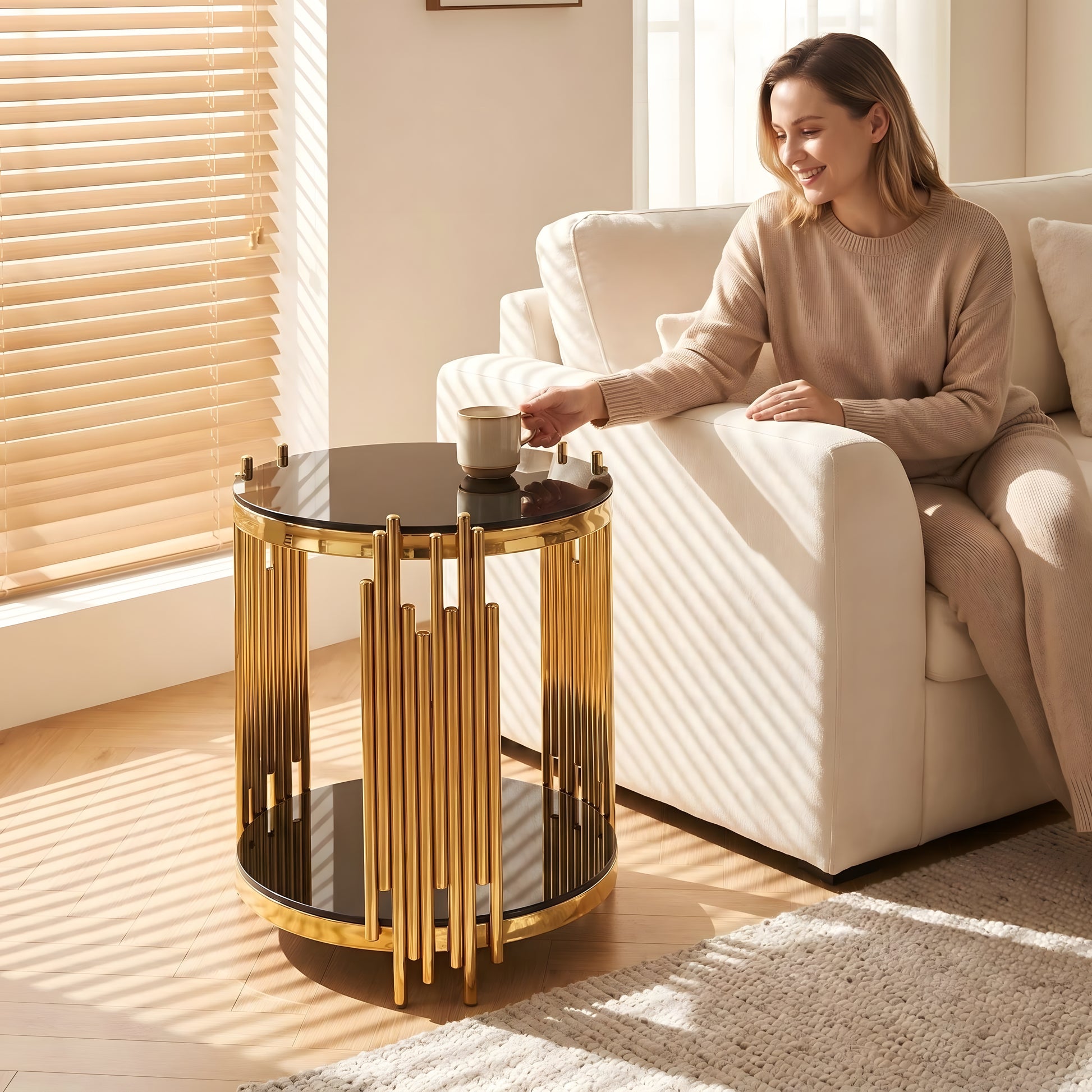 19.7" Round Glass End Table, 2-Tier Gold Side Table with Stainless Steel Legs and Black Tempered Glass, Modern Luxury End Table for Living Room Home Office image 8