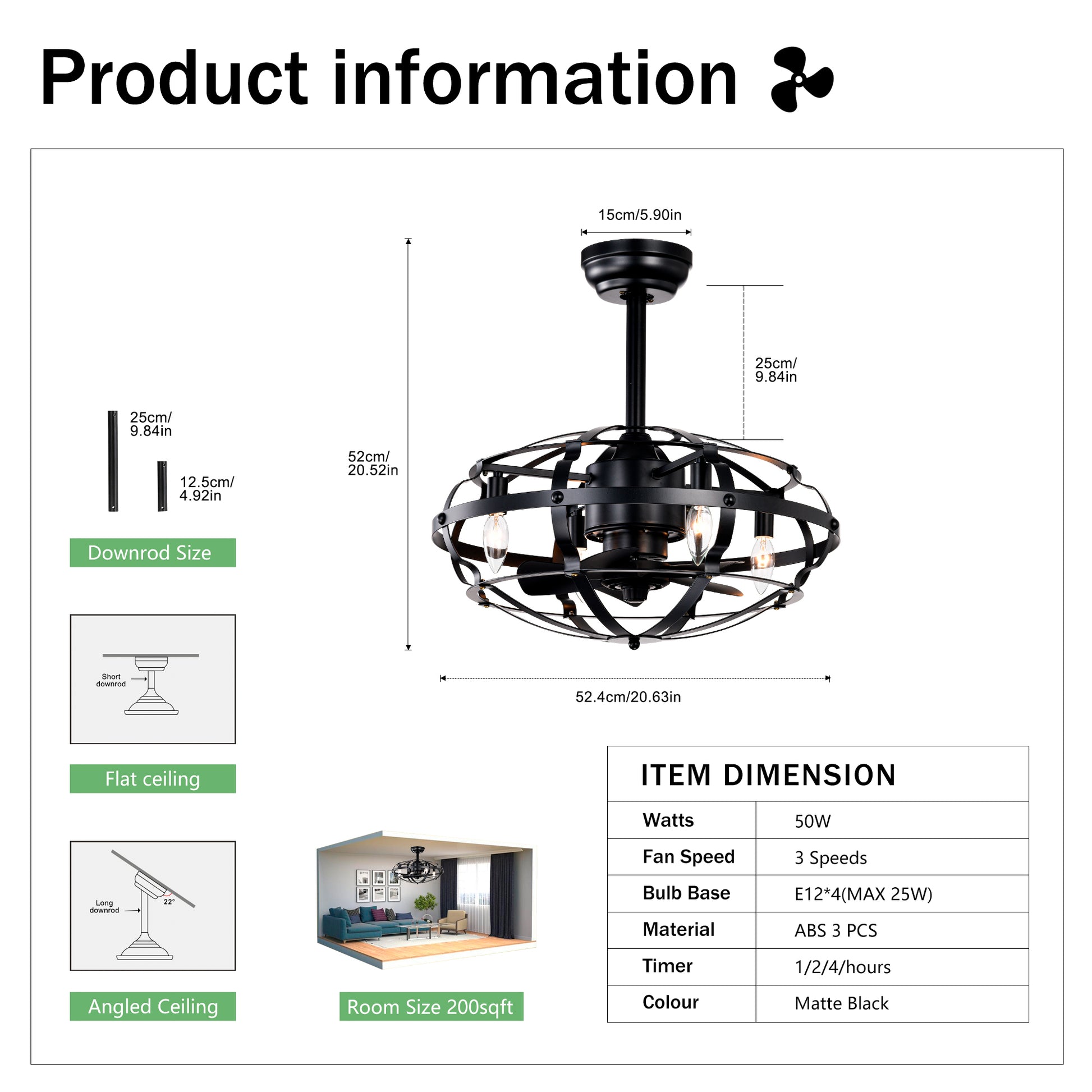 20.63 INCH Caged Ceiling Fan with Lights For Farmhouse, Bedroom Living Room bedroom--NOT Included Bulbs--Matte Black image 6