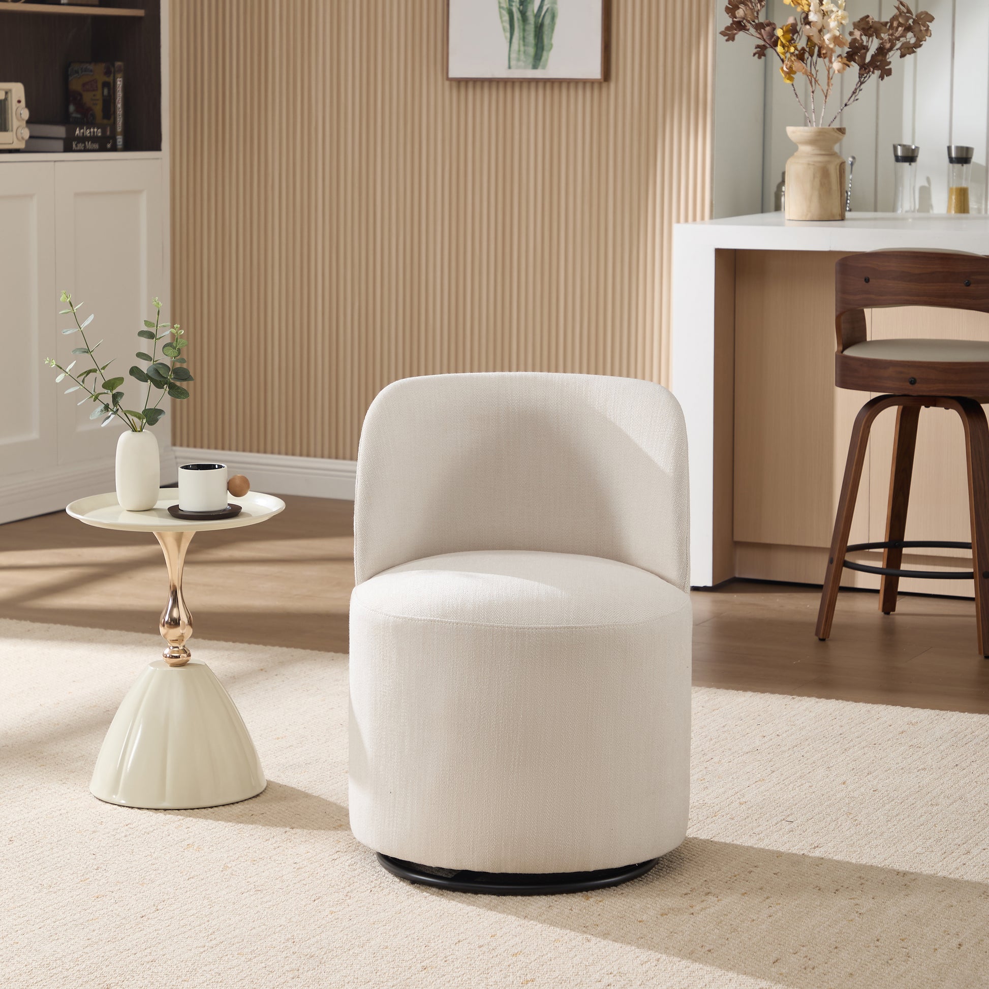 Set Of 1 Upholstered Kitchen & Dining Room Barrel Chair, Mid Century Modern Round Linen Dining Chair, 360 Degree Swivel Comfy Armless Accent Makeup Vanity Side Chair for Bedroom Living Room image 2