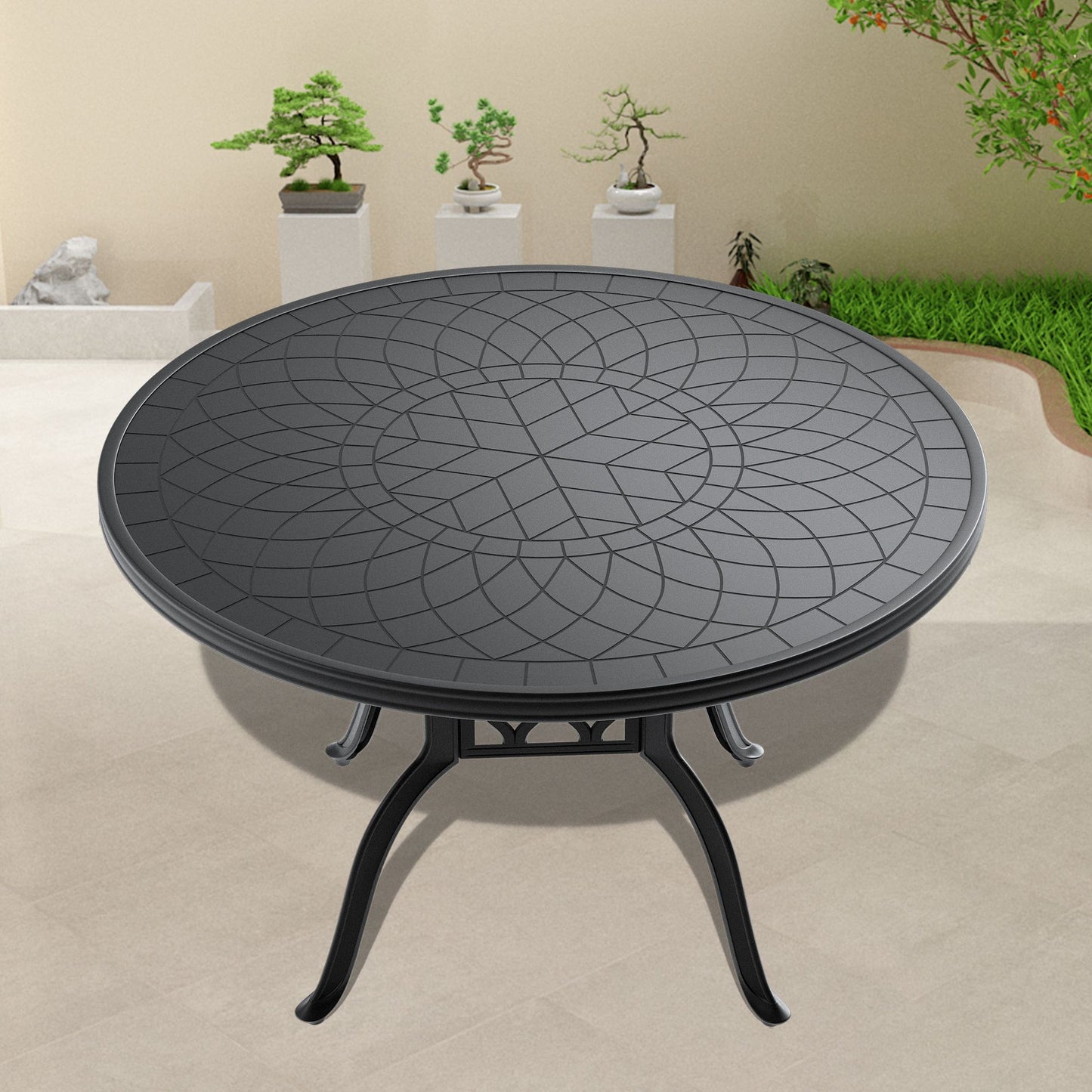 Ø47.24-inch Cast Aluminum Patio Dining Table With Black Frame and Carved Texture on the Tabletop (same sku: W171084479) image 1