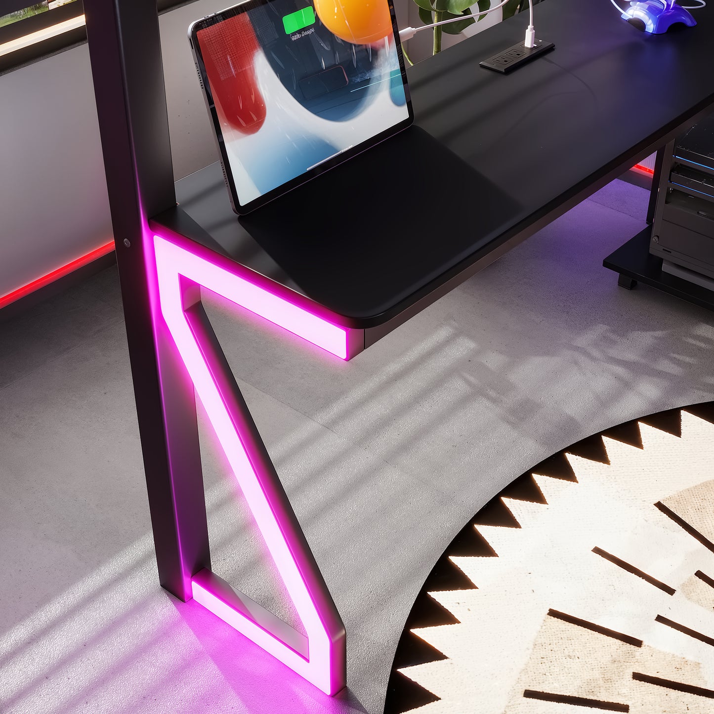 Full Loft Bed with L-shaped Desk and USB Ports, Metal Loft Bed with Computer Tray, Peg Board, and Gaming Style Z-shaped Lights, Black image 7