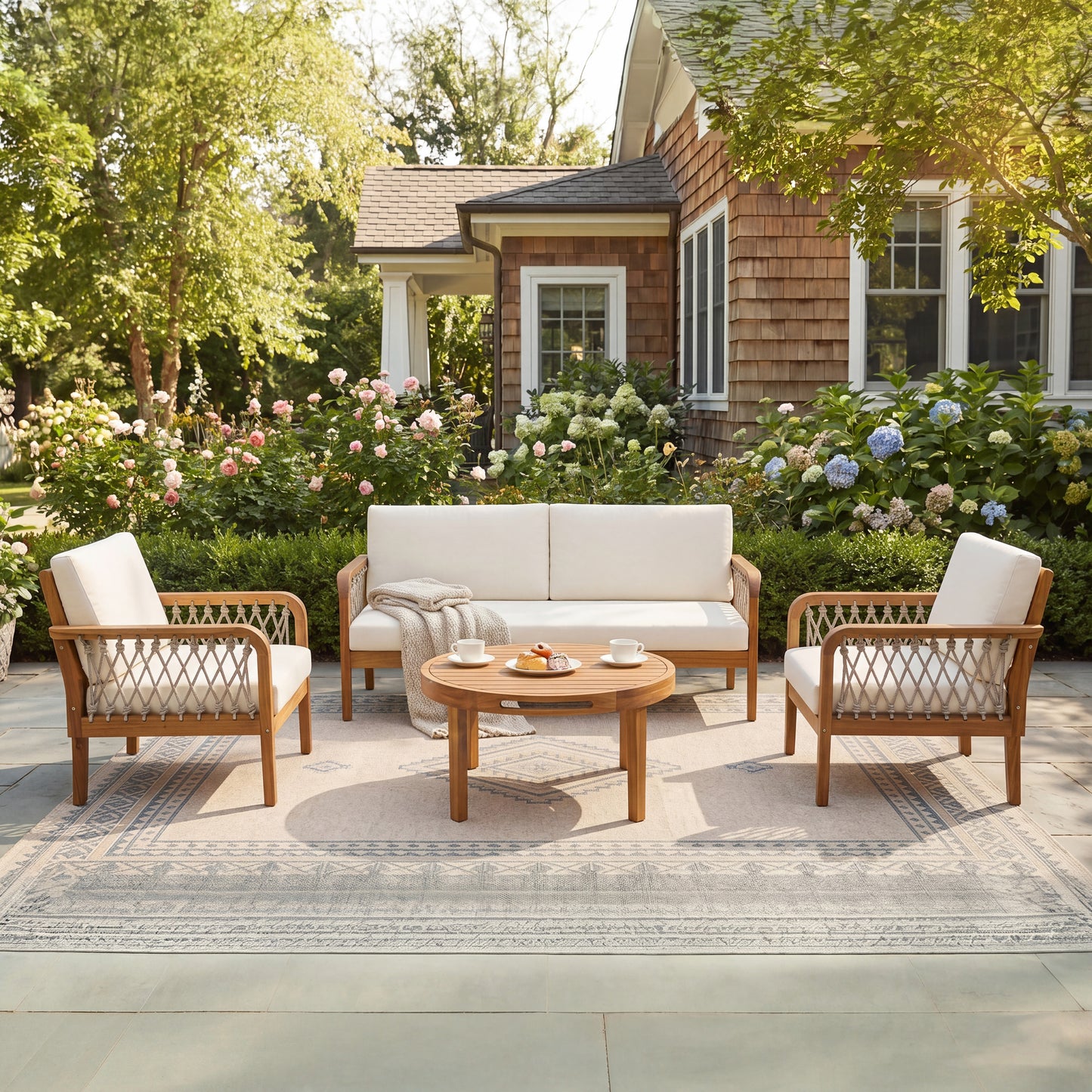 4-Piece Acacia Wood Outdoor Patio Furniture Set, All-Weather Conversation Sofa Set with Rope Woven Armrests, Removable Cushions for Backyard Garden,Teak finish+Oatmeal rope+Cream Beige cushion image 2