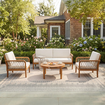 4-Piece Acacia Wood Outdoor Patio Furniture Set, All-Weather Conversation Sofa Set with Rope Woven Armrests, Removable Cushions for Backyard Garden,Teak finish+Oatmeal rope+Cream Beige cushion image 2