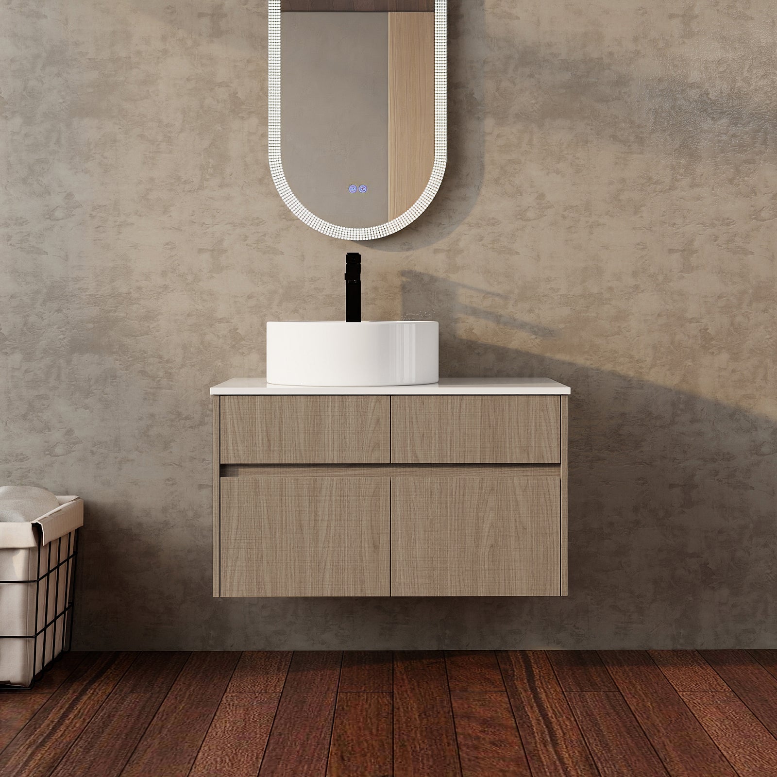 32 Inch Wall-Mounted Bathroom Vanity with Ceramic Art Basin, and PVC Flat Panel, 2-Soft Close Doors and 1-Drawer, KD-Packing, Particle Board image 5