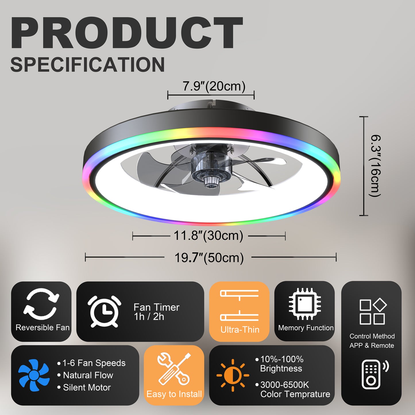 19.7" Modern RGB Ceiling Fan with Lights, Flush Mount Low Profile Fan with Remote & APP, 6-Speed Reversible Silent DC Motor, Dimmable 3000-6500K LED for Bedroom, Black image 8
