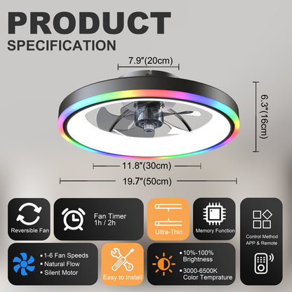 19.7" Modern RGB Ceiling Fan with Lights, Flush Mount Low Profile Fan with Remote & APP, 6-Speed Reversible Silent DC Motor, Dimmable 3000-6500K LED for Bedroom, Black image 8