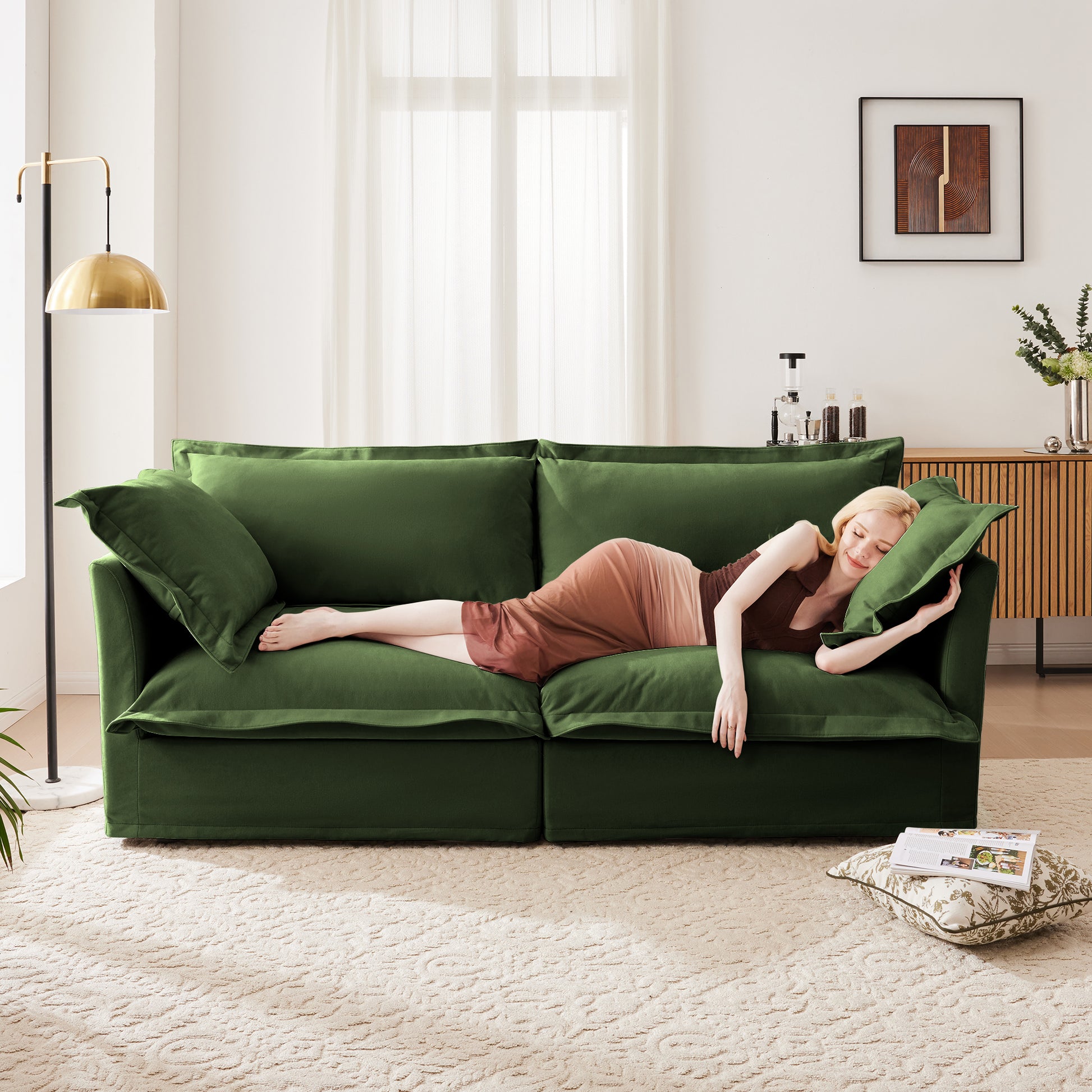 Modern Slipcovered 2-Seat Sofa Couches for Living Room, 2 Seater Sofa, Plain Chenille Deep Seat Sofa with Upholstered Cushion&Detachable Cover, Comfy Sofa Couch for Small Space, Apartment, Green image 1