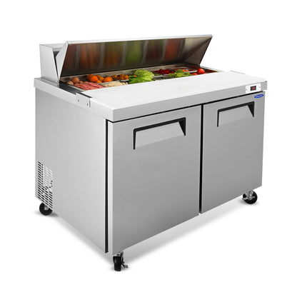 Orikool 48 IN Commercial Refrigerators Sandwich&Salad Prep Table with a Butcher Block Cutting Board, Protection Lid, Cold Storage, ETL Certified image 1