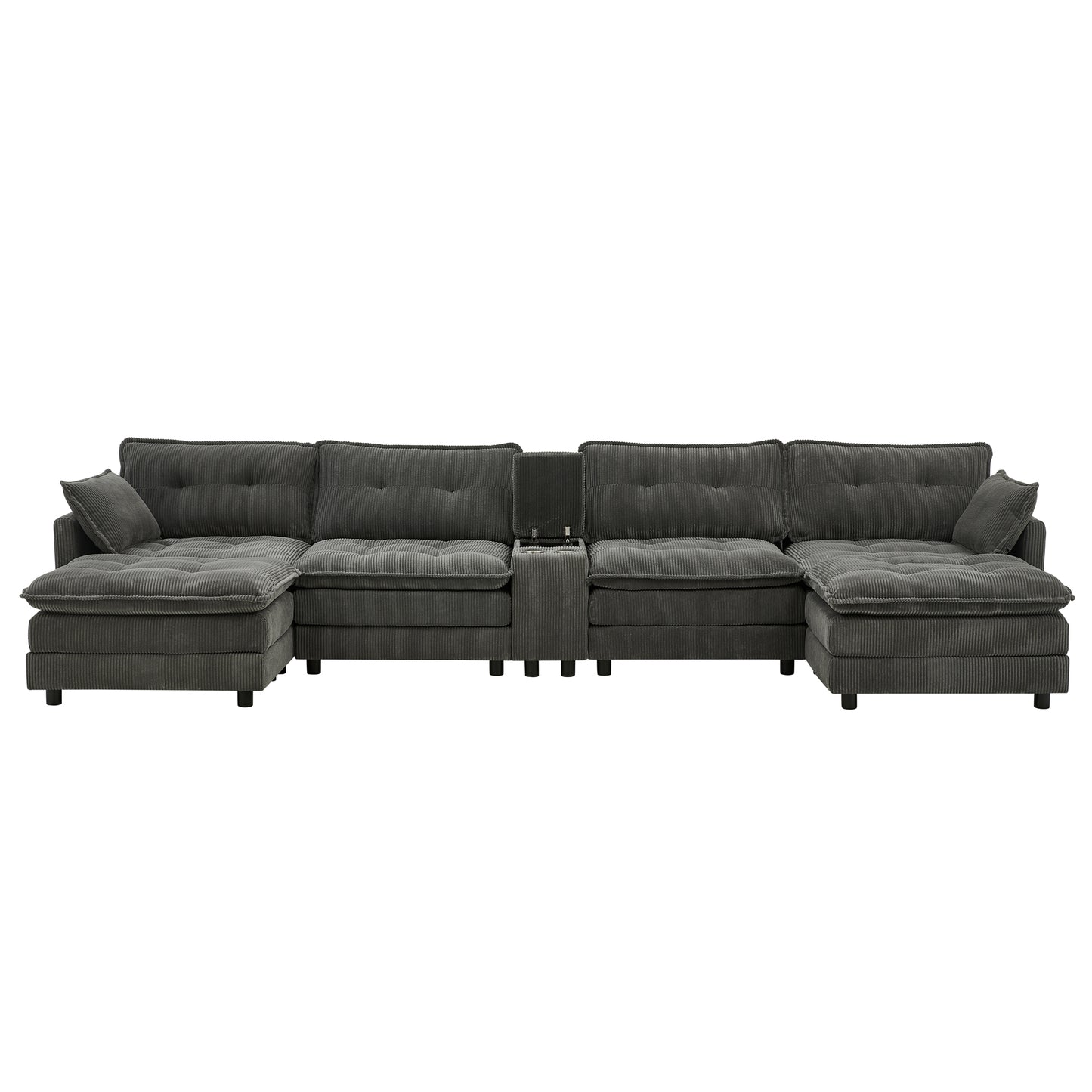 154" Sectional Cloud Sofa Couch with Ottomans, Modular U Shaped Couches for Living Room, Comfy Corduroy Oversized Sectional Modern 6 Seat Deep Seat Sofa Set with Central Console USB Port, Grey image 10