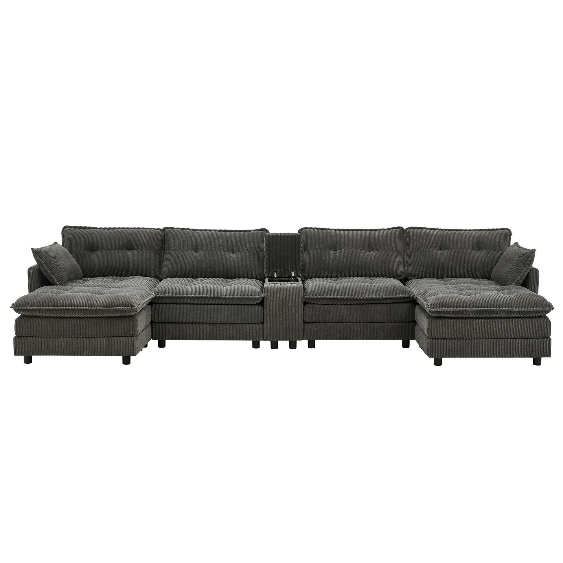 154" Sectional Cloud Sofa Couch with Ottomans, Modular U Shaped Couches for Living Room, Comfy Corduroy Oversized Sectional Modern 6 Seat Deep Seat Sofa Set with Central Console USB Port, Grey image 10