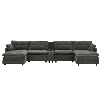 154" Sectional Cloud Sofa Couch with Ottomans, Modular U Shaped Couches for Living Room, Comfy Corduroy Oversized Sectional Modern 6 Seat Deep Seat Sofa Set with Central Console USB Port, Grey image 10