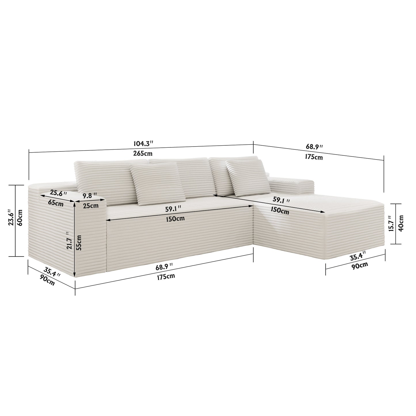 104.3*68.9"Modular sectional sofa seat,Upholstered compressed couch for living room,Bedroom,Apartment,No assembly required,2PC free combination,Plush corduroy fabric,WHTIE image 5