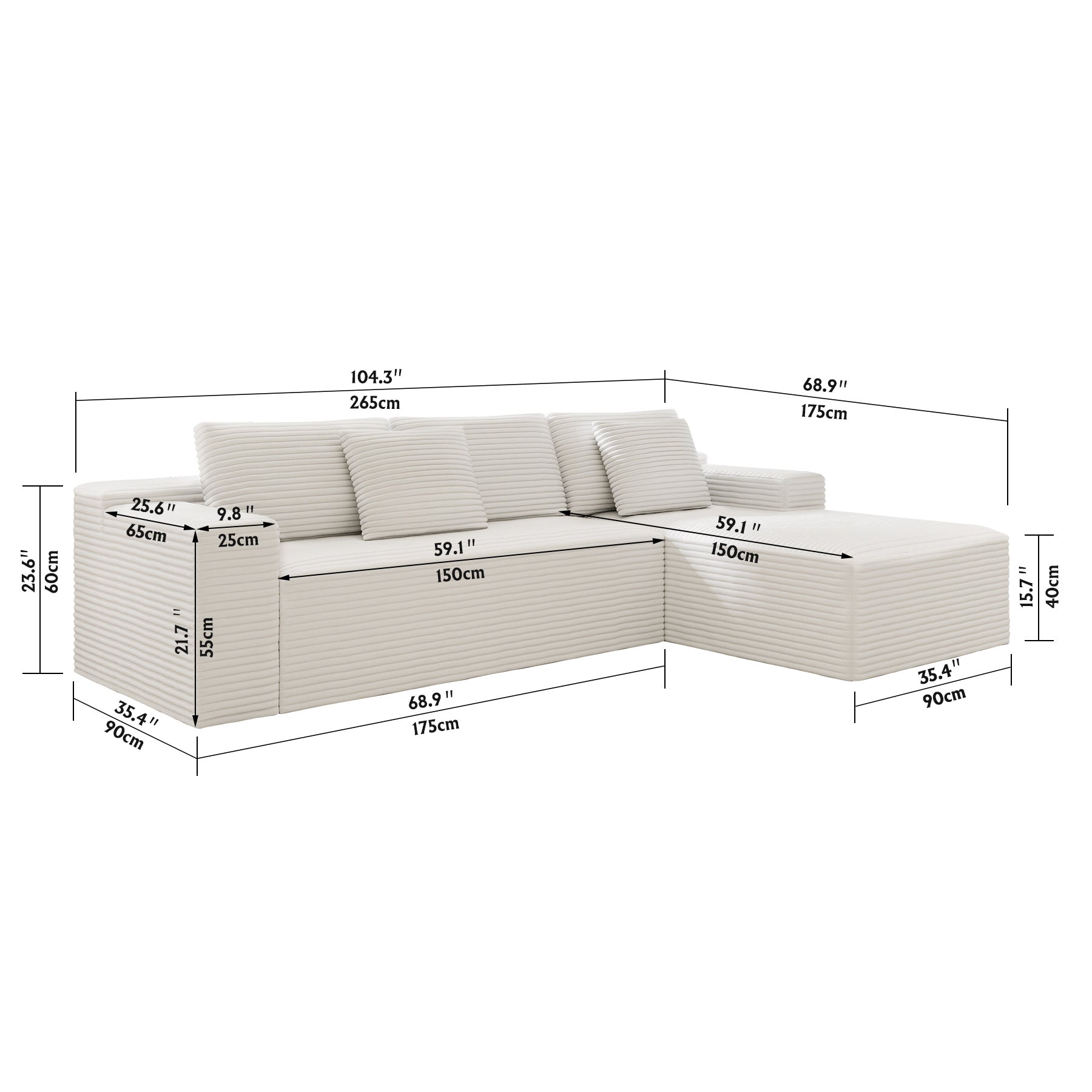 104.3*68.9"Modular sectional sofa seat,Upholstered compressed couch for living room,Bedroom,Apartment,No assembly required,2PC free combination,Plush corduroy fabric,WHTIE image 5