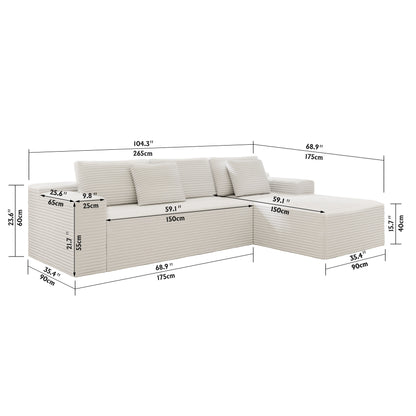 104.3*68.9"Modular sectional sofa seat,Upholstered compressed couch for living room,Bedroom,Apartment,No assembly required,2PC free combination,Plush corduroy fabric,WHTIE image 5