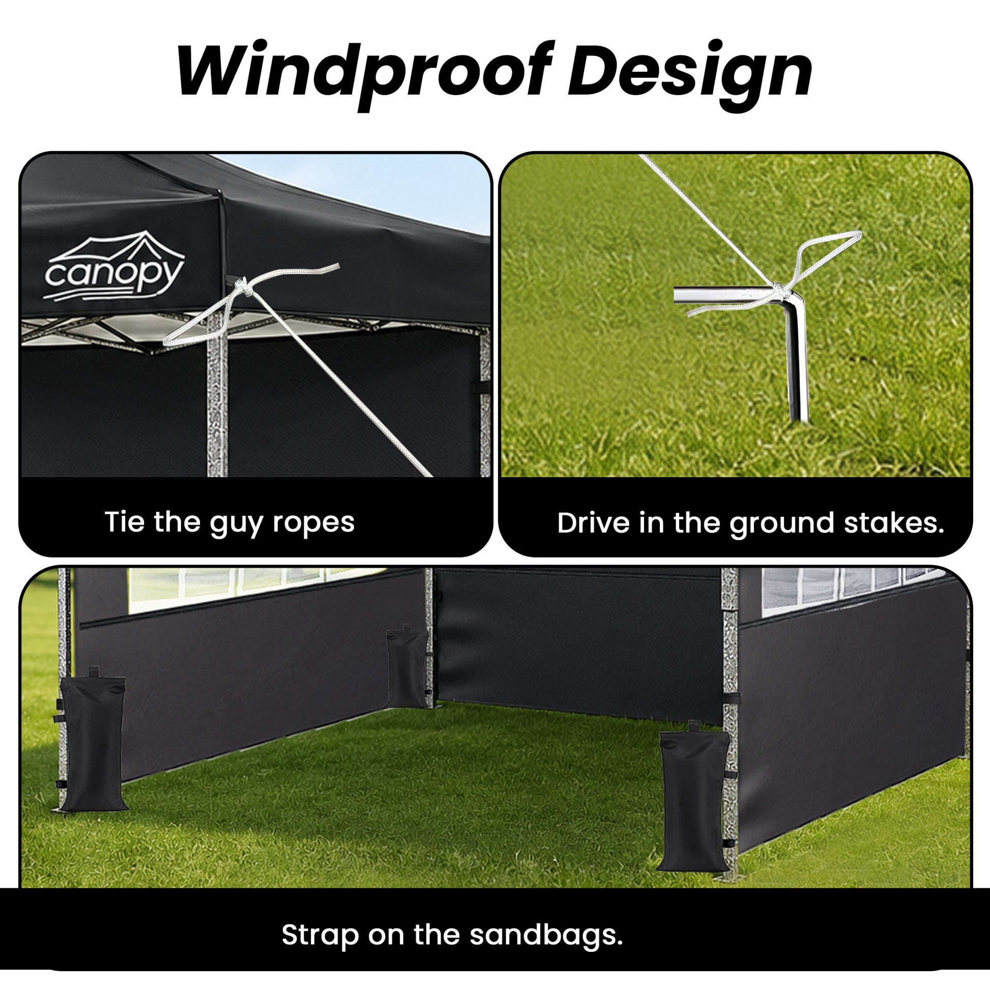 10x10 Pop Up Canopy, 3-in-1 9m Sidewall, Black Speckled Frame, Black Silver-Coated Top UPF50+ WR, 4 Heights 6.7-7.6ft, 1Sidewall+2 Windows, incl Stakes/Sandbags/Ropes/Bag for Market Camping Beach image 7