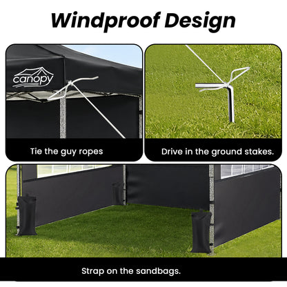 10x10 Pop Up Canopy, 3-in-1 9m Sidewall, Black Speckled Frame, Black Silver-Coated Top UPF50+ WR, 4 Heights 6.7-7.6ft, 1Sidewall+2 Windows, incl Stakes/Sandbags/Ropes/Bag for Market Camping Beach image 7